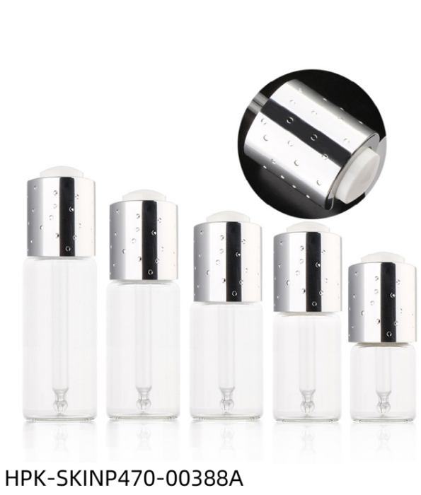 Glass Bottle with Diamond-studded Metalized Push-button Pipette Cap